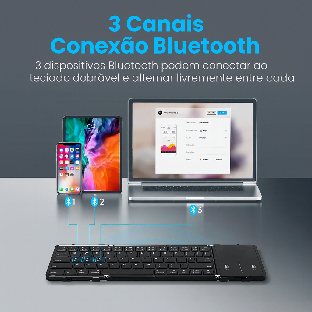 Teclado Bluetooth Dobrável com Touchpad – Suporta 3 Dispositivos