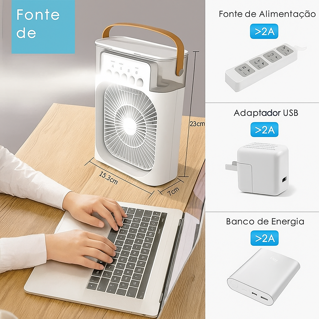 Mini Ar-Condicionado 3 em 1 com LED – Refresque e Relaxe em Qualquer Lugar!