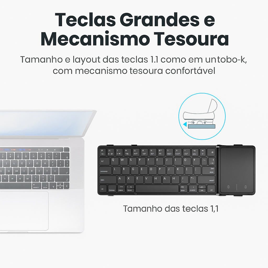 Teclado Bluetooth Dobrável com Touchpad – Suporta 3 Dispositivos