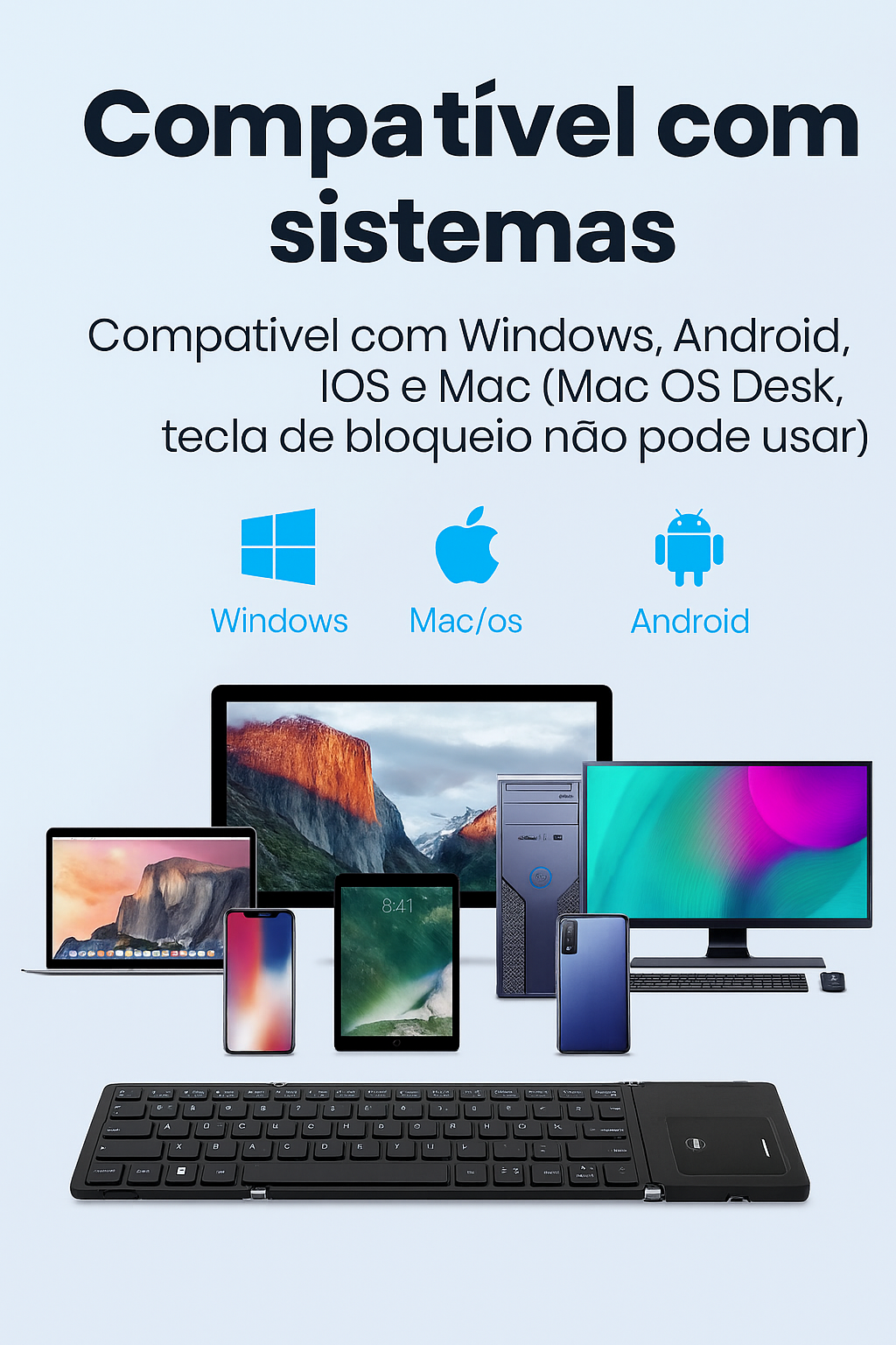 Teclado Bluetooth Dobrável com Touchpad – Suporta 3 Dispositivos