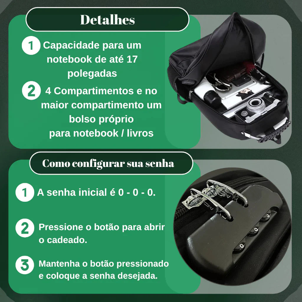 Mochila Unissex A.C.O Impermeável para Notebook Senha Carregamento USB/Fone