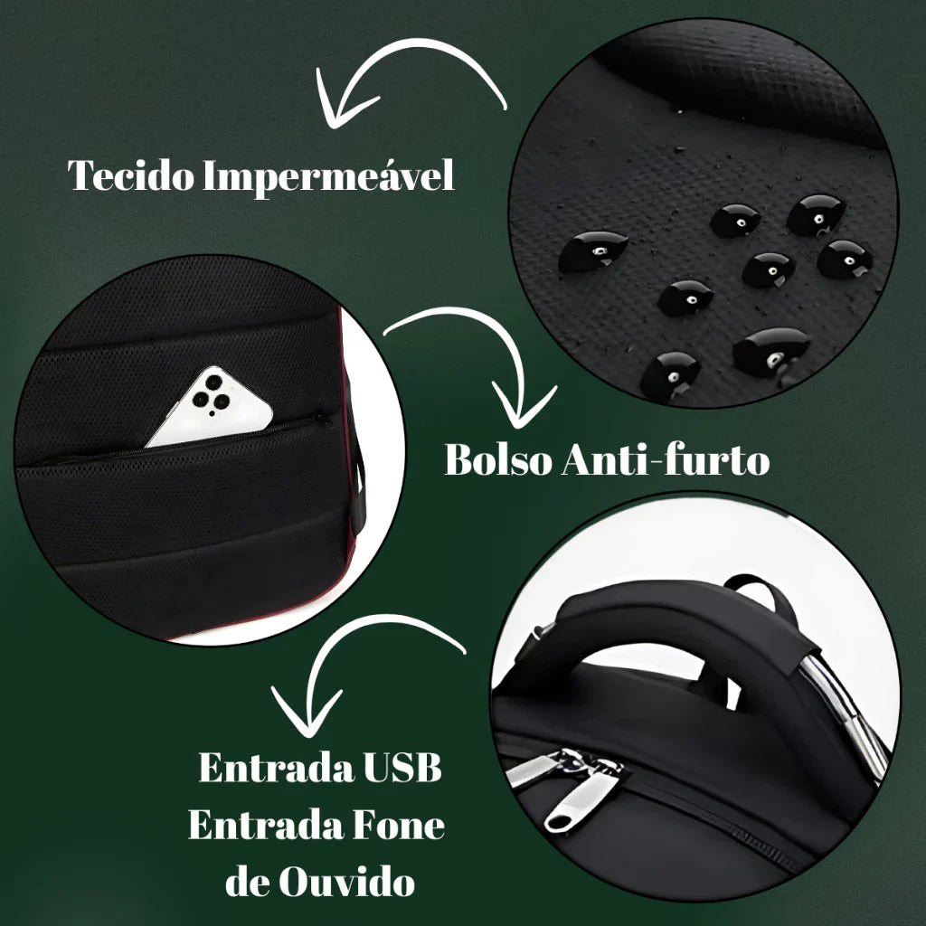 Mochila Unissex A.C.O Impermeável para Notebook Senha Carregamento USB/Fone
