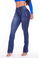 Calça Jeans Flare Modeladora Detalhe Barra Botões - REF43