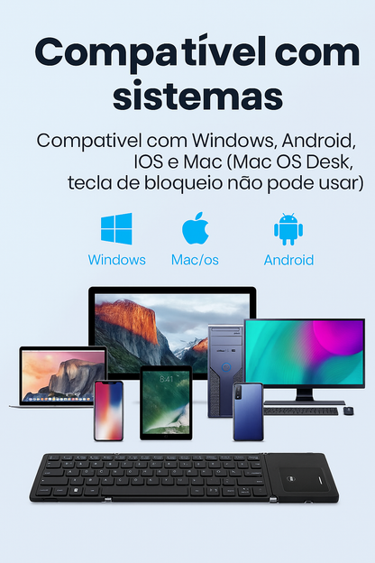 Teclado Bluetooth Dobrável com Touchpad – Suporta 3 Dispositivos